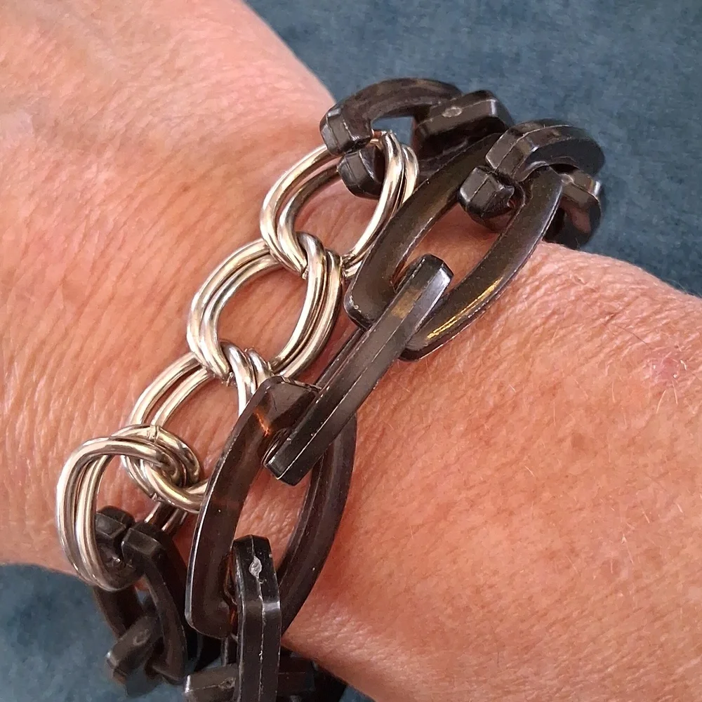 Elegant Brown Tortis Shell Lucite and Silver Chain Bracelet